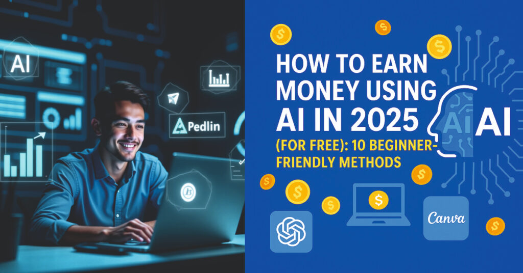 Futuristic workspace with AI tools and floating digital coins representing how to earn money using AI in 2025 for free