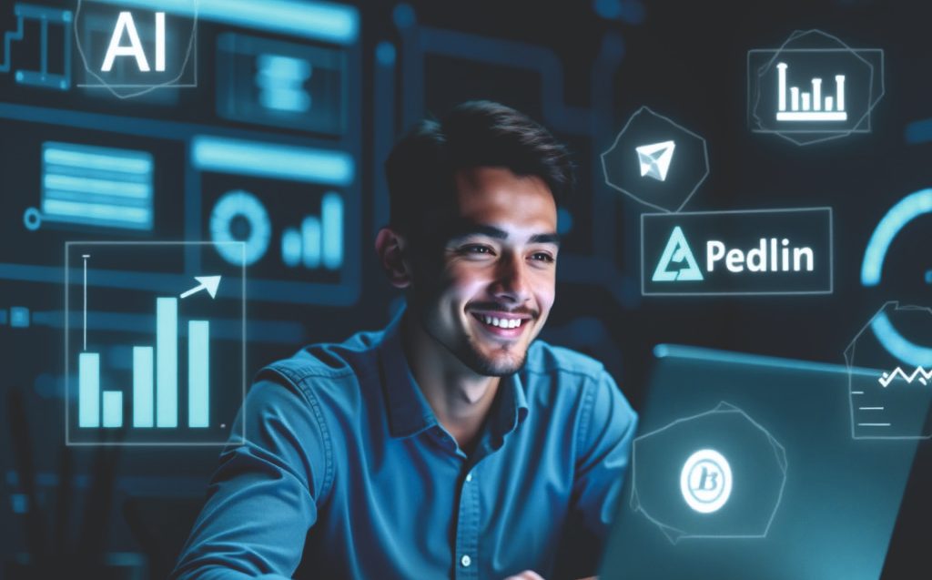 Futuristic workspace with AI tools and floating digital coins representing how to earn money using AI in 2025 for free